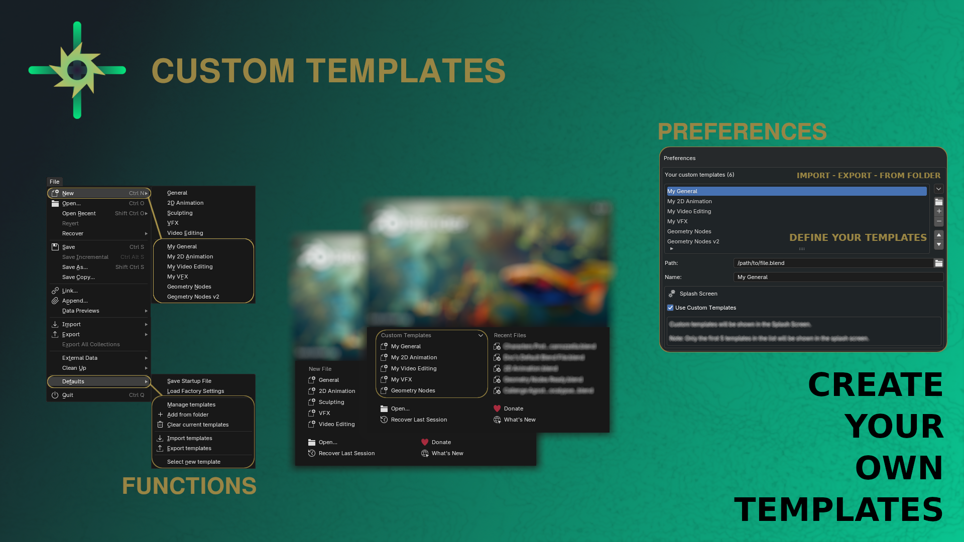 File > New menu with the add-on custom buttons