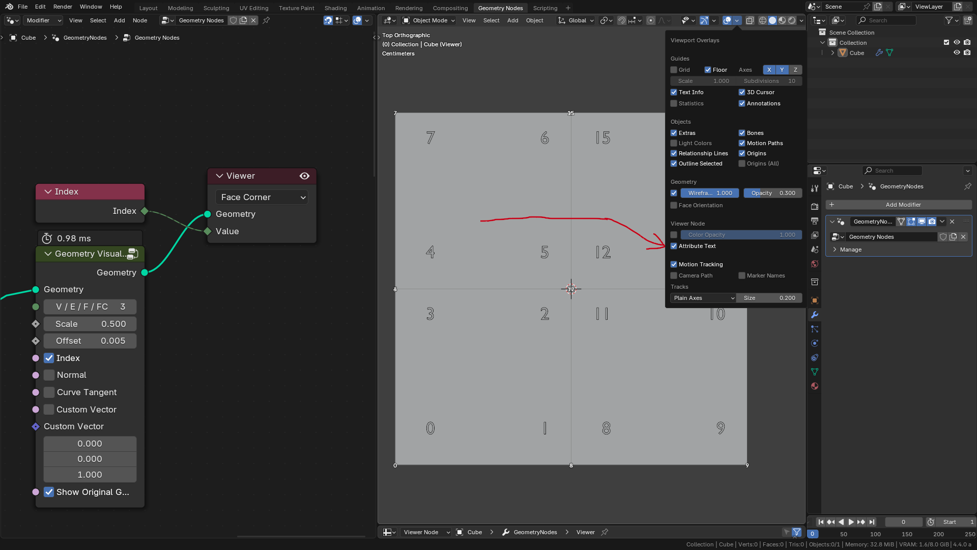 #130598 - Geometry nodes viewer draws facecorner attributes (as text ...