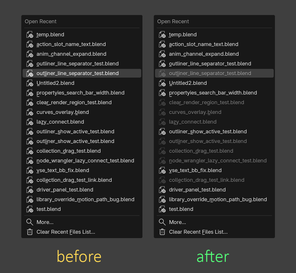 #152271 - UI: Recent File Menu | Gray out file names which don't exist ...