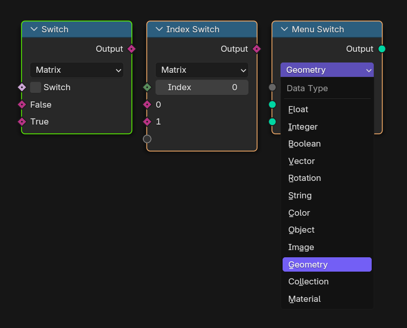 #121209 - Geometry Nodes: Menu Switch node doesn't have 4x4 Matrix as ...