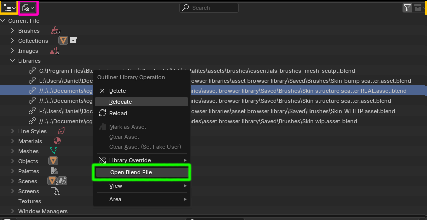 #146512 - Add open blender file option to linked libraries in outliner ...
